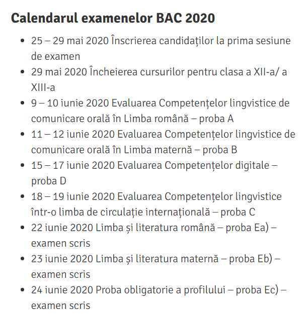 Calendar BAC 2020